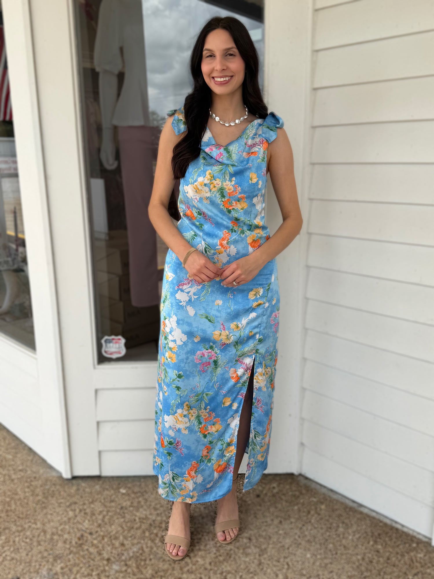 BLUE MULTI FLORAL PRINT COWL NECK SLEEVLESS TIE SHOULDER SATIN MIDI DRESS