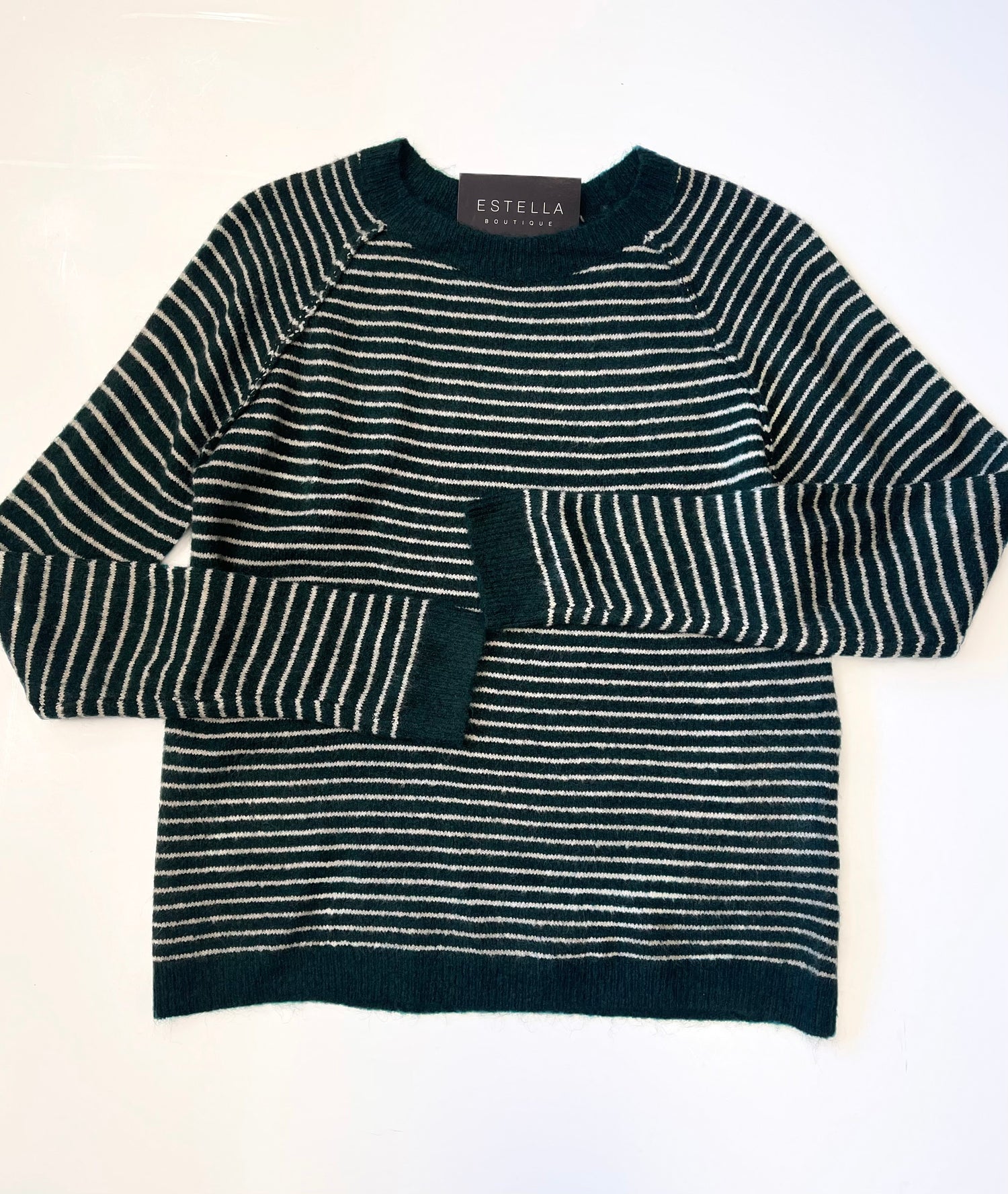 FOREST GREEN STRIPED CREW NECK LONG SLEEVE PULLOVER SWEATER