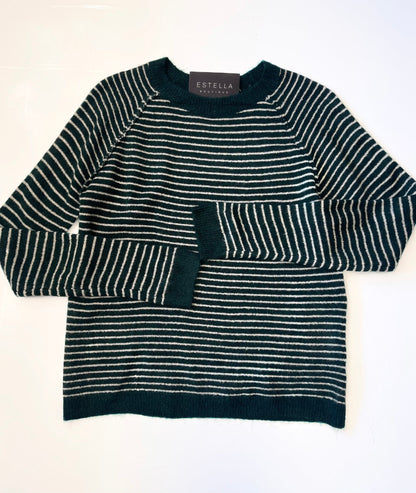 FOREST GREEN STRIPED CREW NECK LONG SLEEVE PULLOVER SWEATER