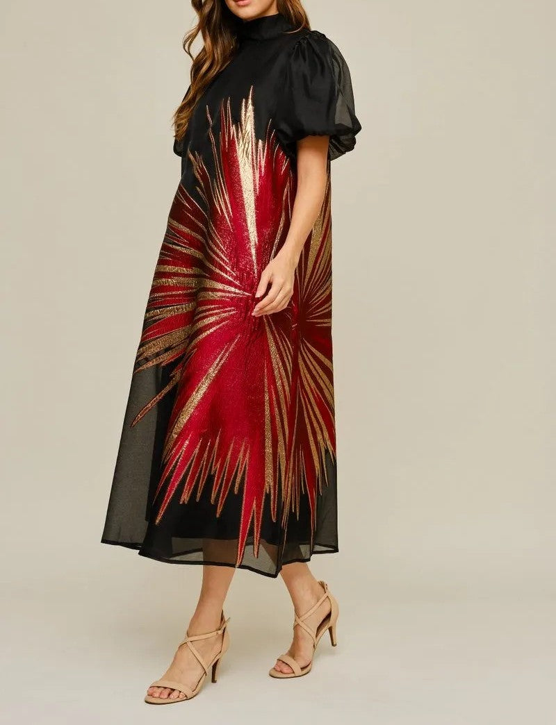 BLACK/RED &amp; GOLD METALLIC SUNBURST ORGANZA HIGH NECK SHORT PUFF SLEEVE MIDI DRESS
