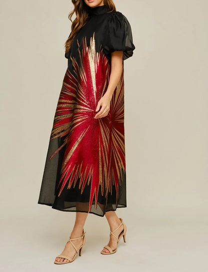 BLACK/RED &amp; GOLD METALLIC SUNBURST ORGANZA HIGH NECK SHORT PUFF SLEEVE MIDI DRESS