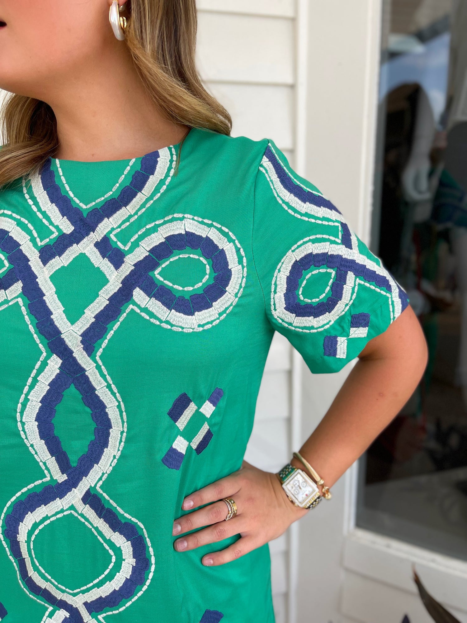 GREEN EMBROIDERED SHORT SLEEVE MINI DRESS