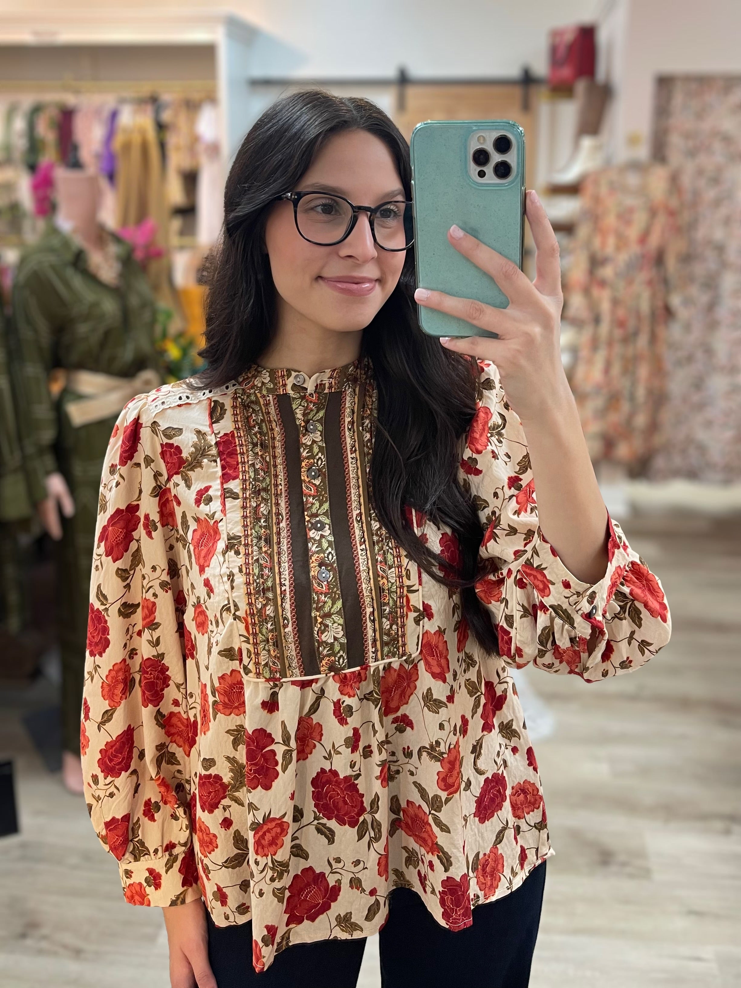 ECRU FLORAL PRINT LONG SLEEVE BLOUSE