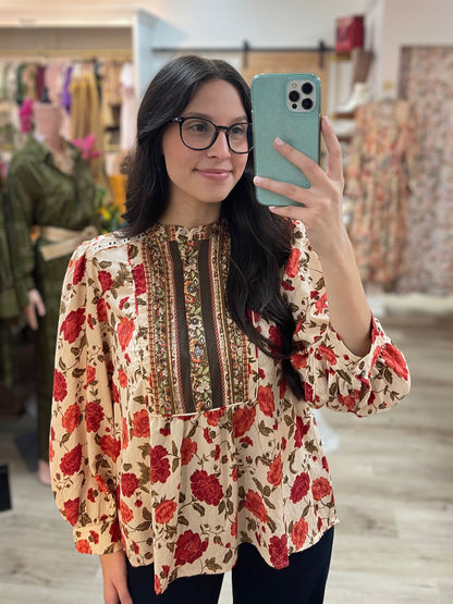ECRU FLORAL PRINT LONG SLEEVE BLOUSE