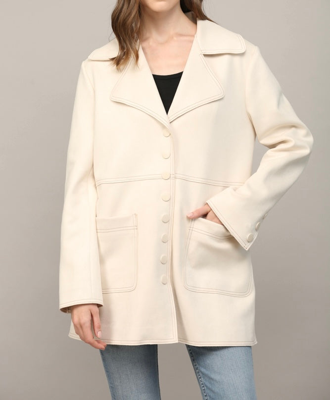 ECRU CONTRAST STITCHING DETAIL FAUX SUEDE COAT