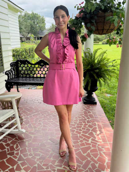 KNOCKOUT PINK RUFFLED NECK FITTED MERCEDES MINI DRESS