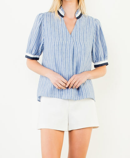 BLUE CONTRAST BANDING STRIPED VNECK SHORT SLEEVE TOP