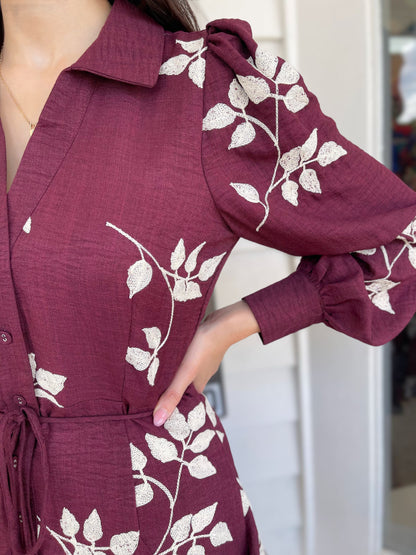 BURGUNDY/WHITE EMBROIDERED LONG SLEEVE BUTTON DOWN MINI DRESS