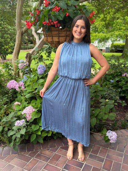 SLATE PLEATED SLEEVELESS SOFT MIDI DRESS