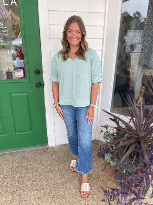 ALOE GREEN OPEN COLLAR VNECK BANDED CUFF TOP