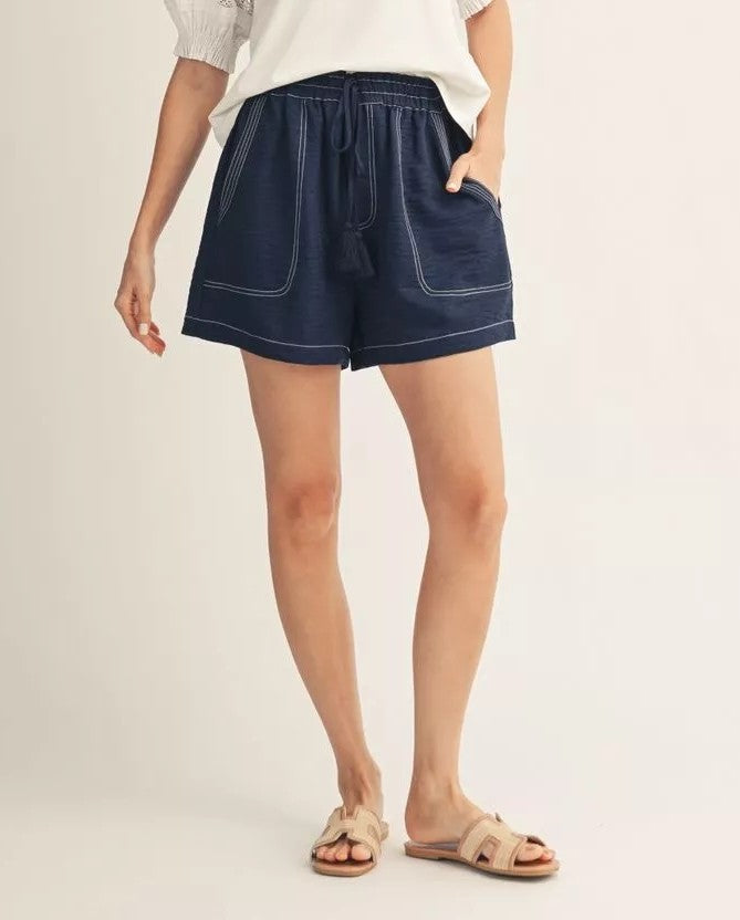 NAVY CRINKLE FABRIC CONTRAST STITCH ELASTIC WAIST SHORTS