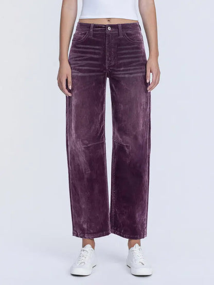 PURPLE FLOCKED HIGH RISE BARREL LEG JEANS