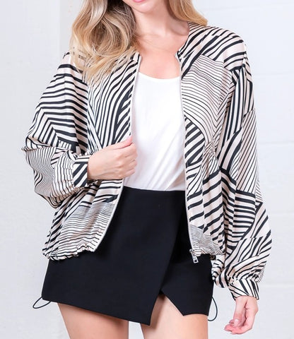 CREAM/BLACK STRIPE PRINT LONG SLEEVE ZIP UP JACKET