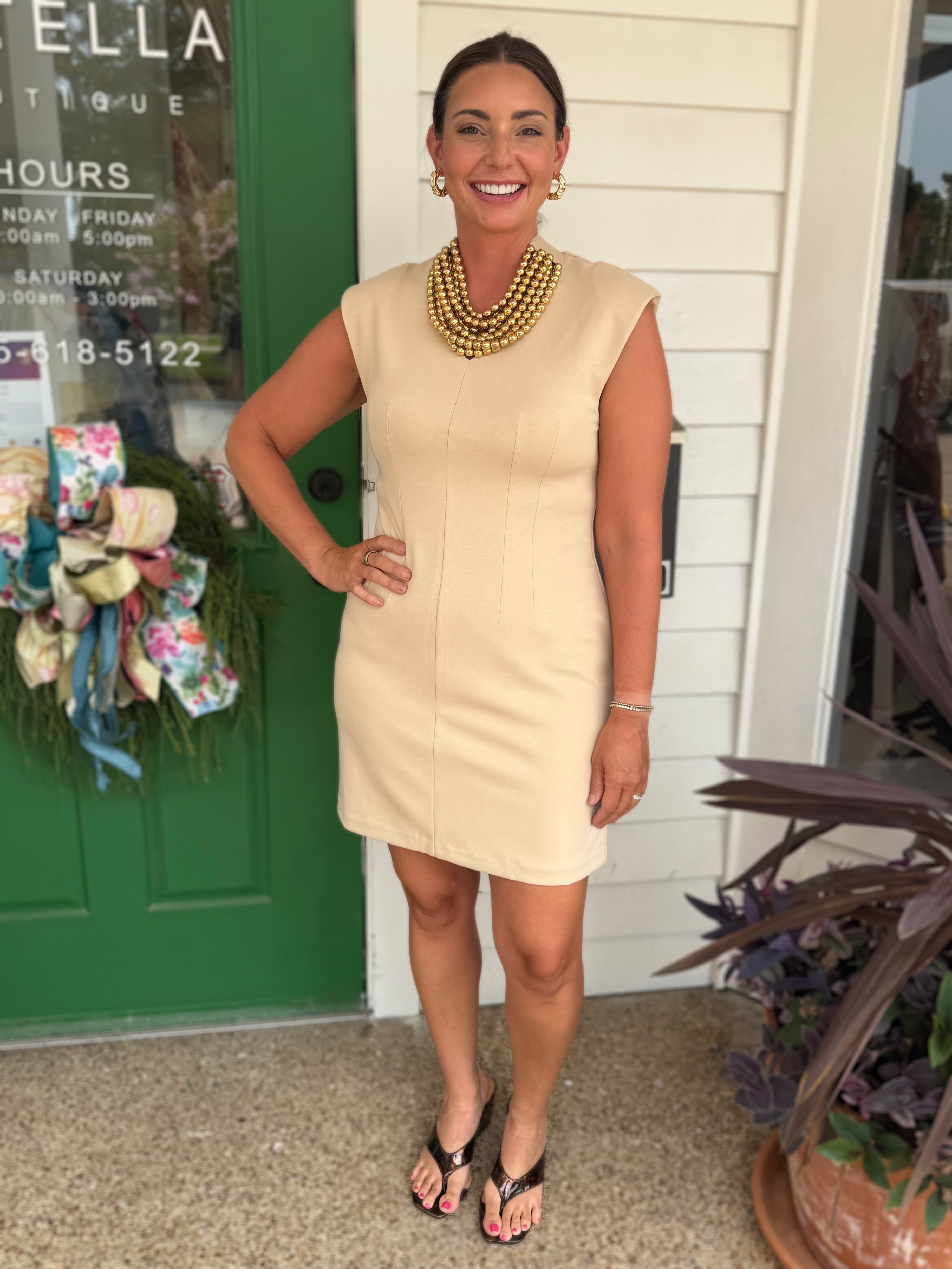 SAND VNECK STRETCH KNIT TAILORED MINI DRESS