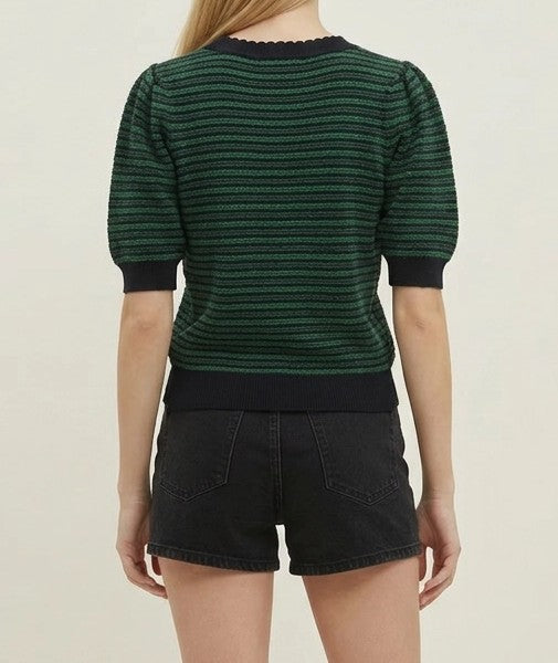 NAVY/GREEN STRIPE CONTRAST DETAIL SHORT PUFF SLEEVE SWEATER