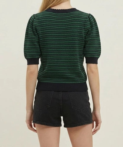 NAVY/GREEN STRIPE CONTRAST DETAIL SHORT PUFF SLEEVE SWEATER