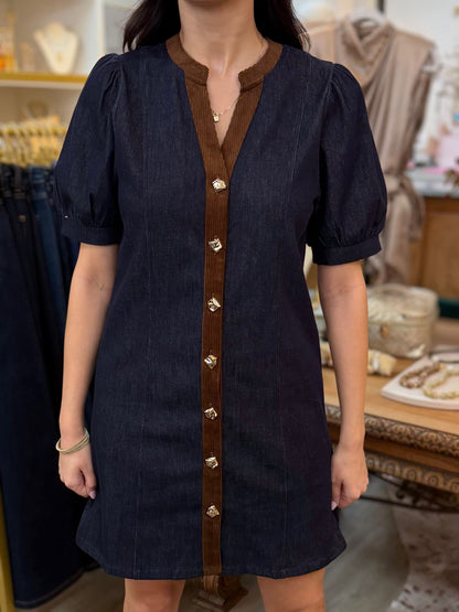 BLUE DENIM &amp; BROWN CORDUROY GOLD BUTTON DETAIL SHORT PUFF SLEEVE MINI DRESS