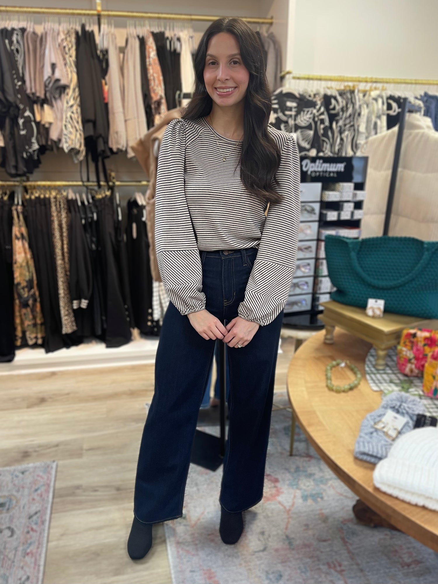 OAT/BLACK STRIPED LONG BUBBLE SLEEVE TOP