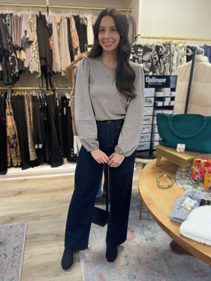 OAT/BLACK STRIPED LONG BUBBLE SLEEVE TOP