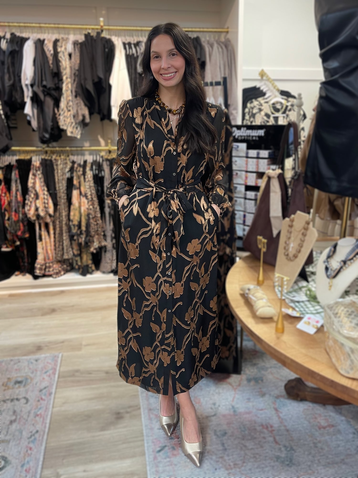 BLACK GOLD FLORAL JACQUARD SHEER LONG SLEEVE TIE WAIST BUTTON UP MIDI DRESS