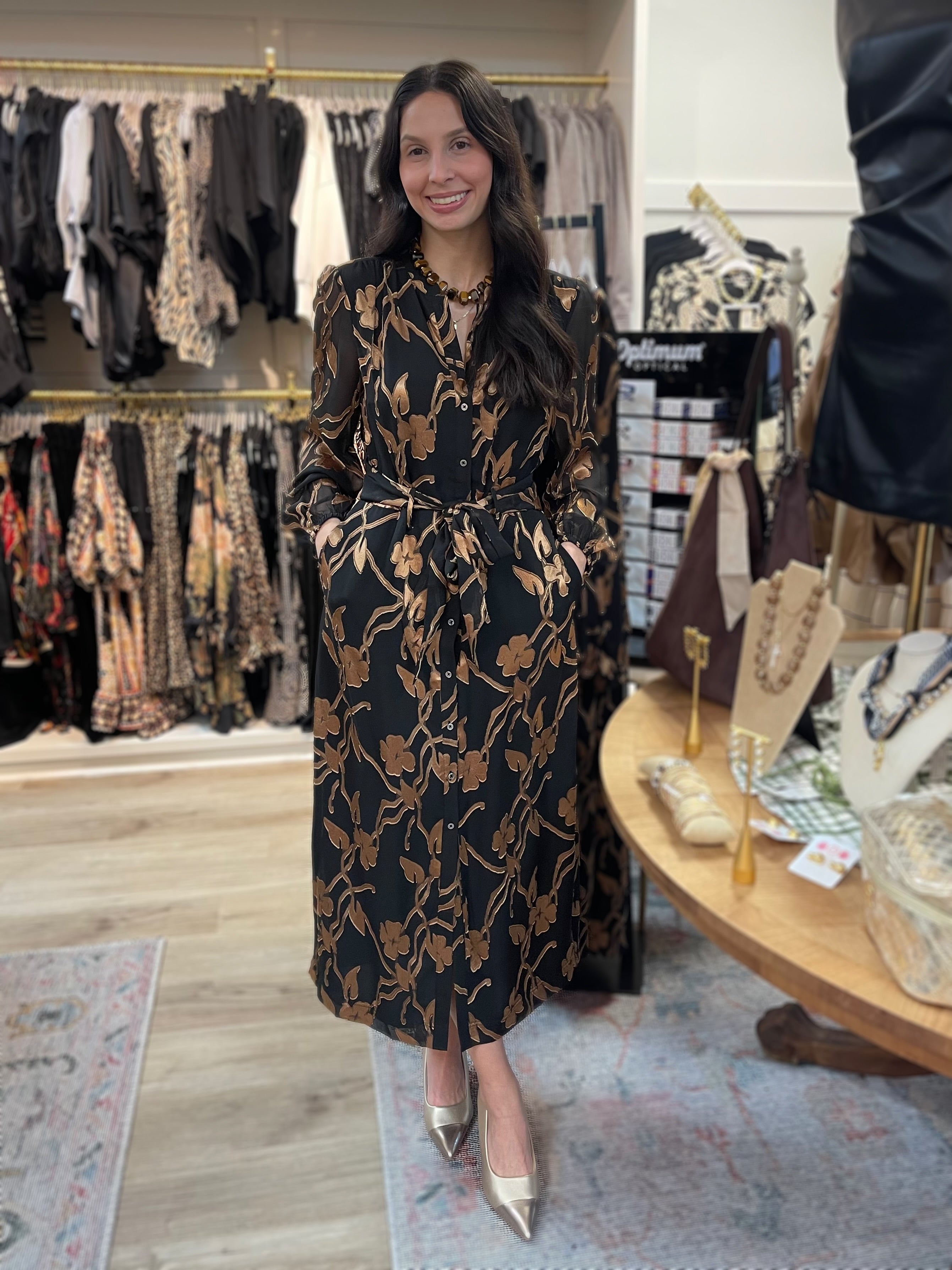 BLACK GOLD FLORAL JACQUARD SHEER LONG SLEEVE TIE WAIST BUTTON UP MIDI DRESS