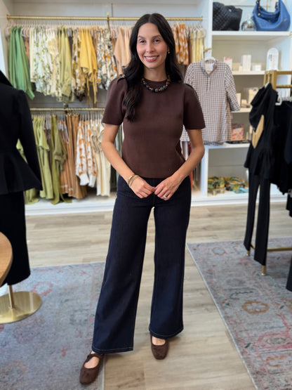BROWN SHORT PUFF SLEEVE KNIT TOP