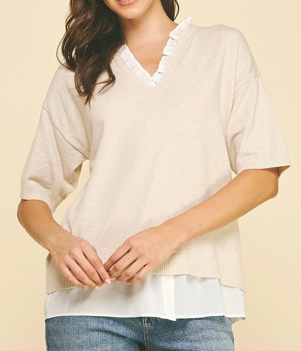 OATMEAL MIXED MEDIA LAYERED KNIT TOP