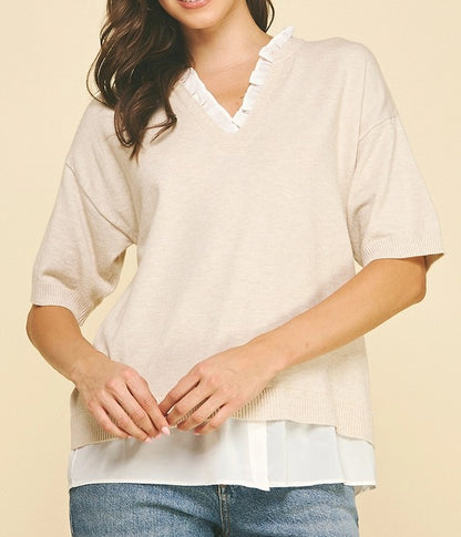 OATMEAL MIXED MEDIA LAYERED KNIT TOP