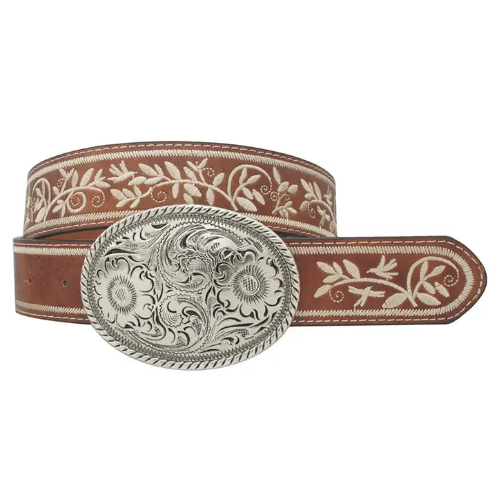 COGNAC EMBROIDERED STRAP SILVER OVAL BUCKLE BELT