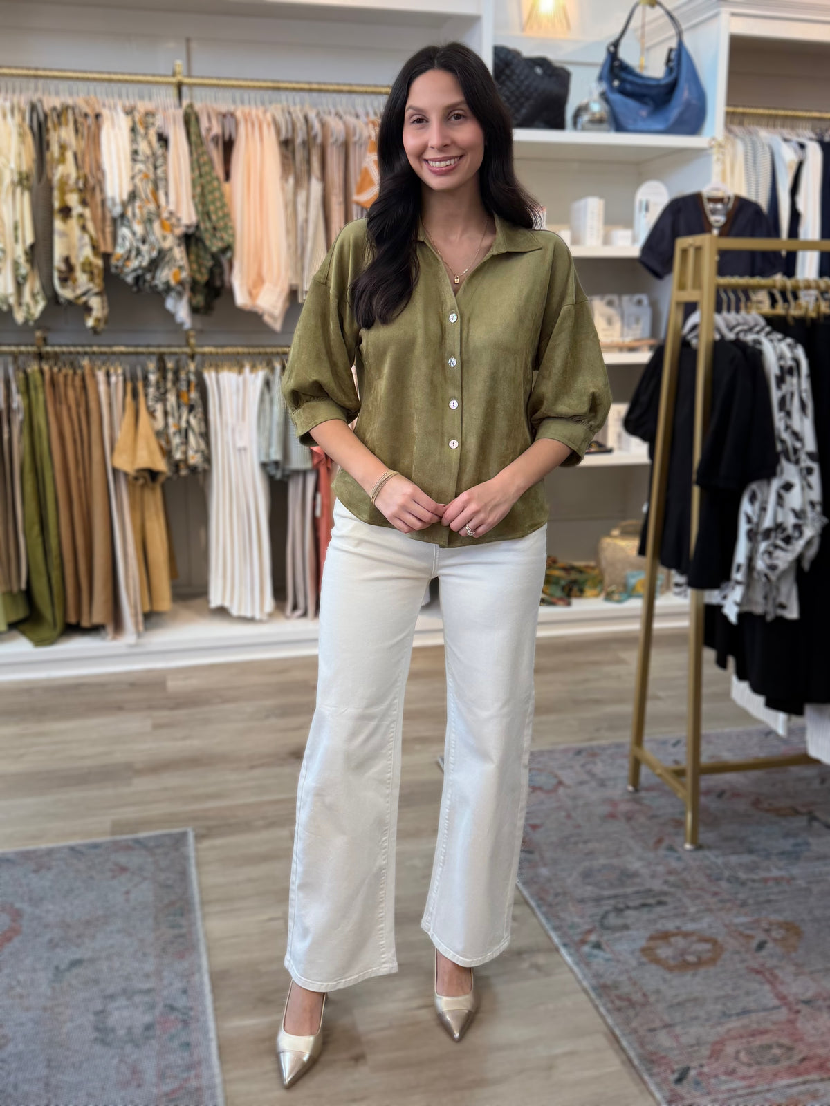 OLIVE FAUX SUEDE BLOUSON SLEEVE TOP