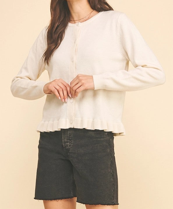 CREAM BUTTON UP PLEATED LONG SLEEVE CARDIGAN