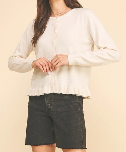 CREAM BUTTON UP PLEATED LONG SLEEVE CARDIGAN