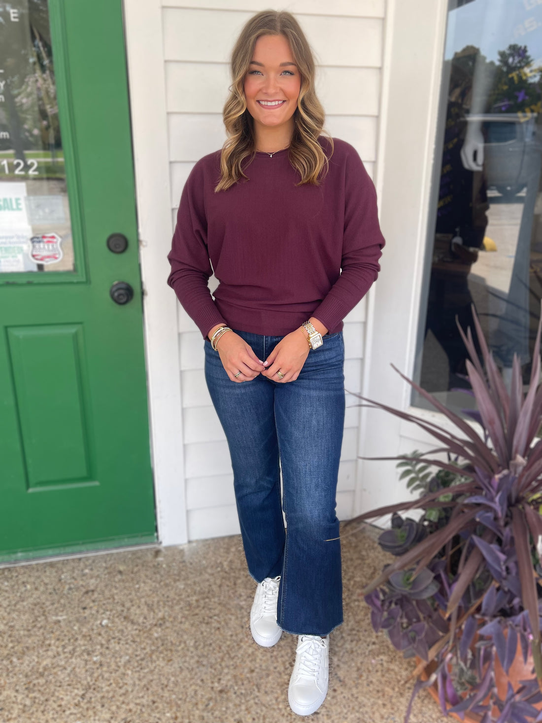 DARK PLUM LONG DOLMAN SLEEVE SWEATER