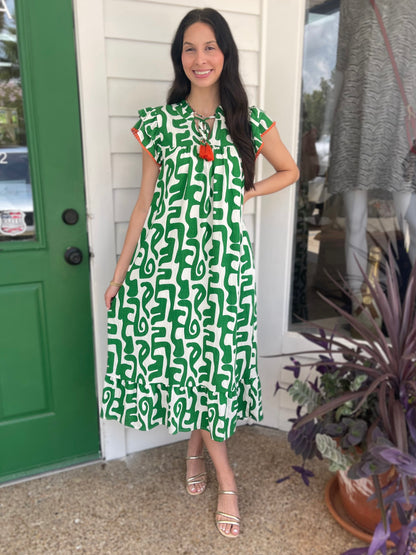 GREEN PRINTED TASSEL TIE FLUTTER SLEEVE MAXI DRESS