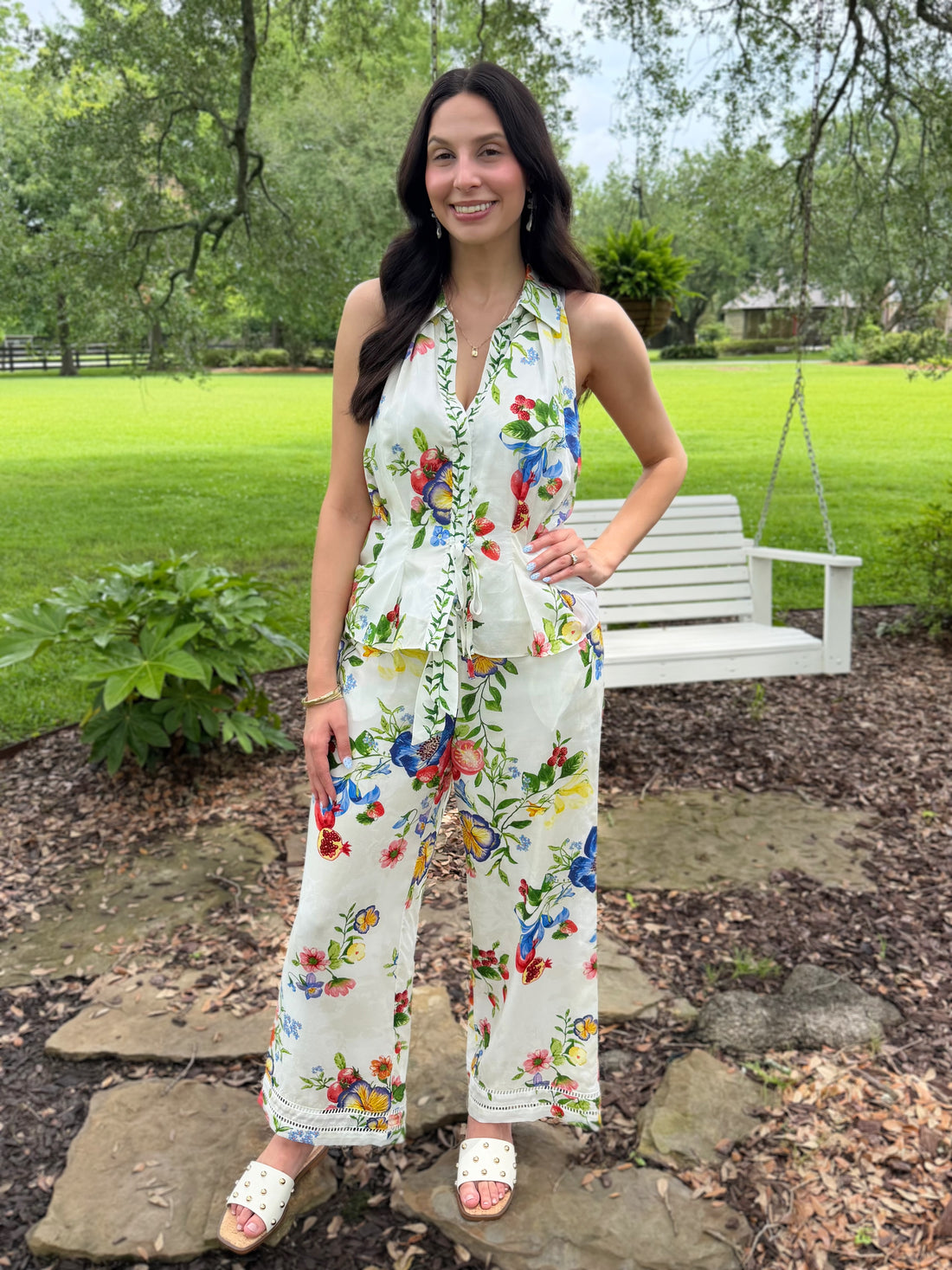 MULTI COLOR FLORAL PRINT HALTER BUTTON UP SLEEVELESS WAIST TIE TOP