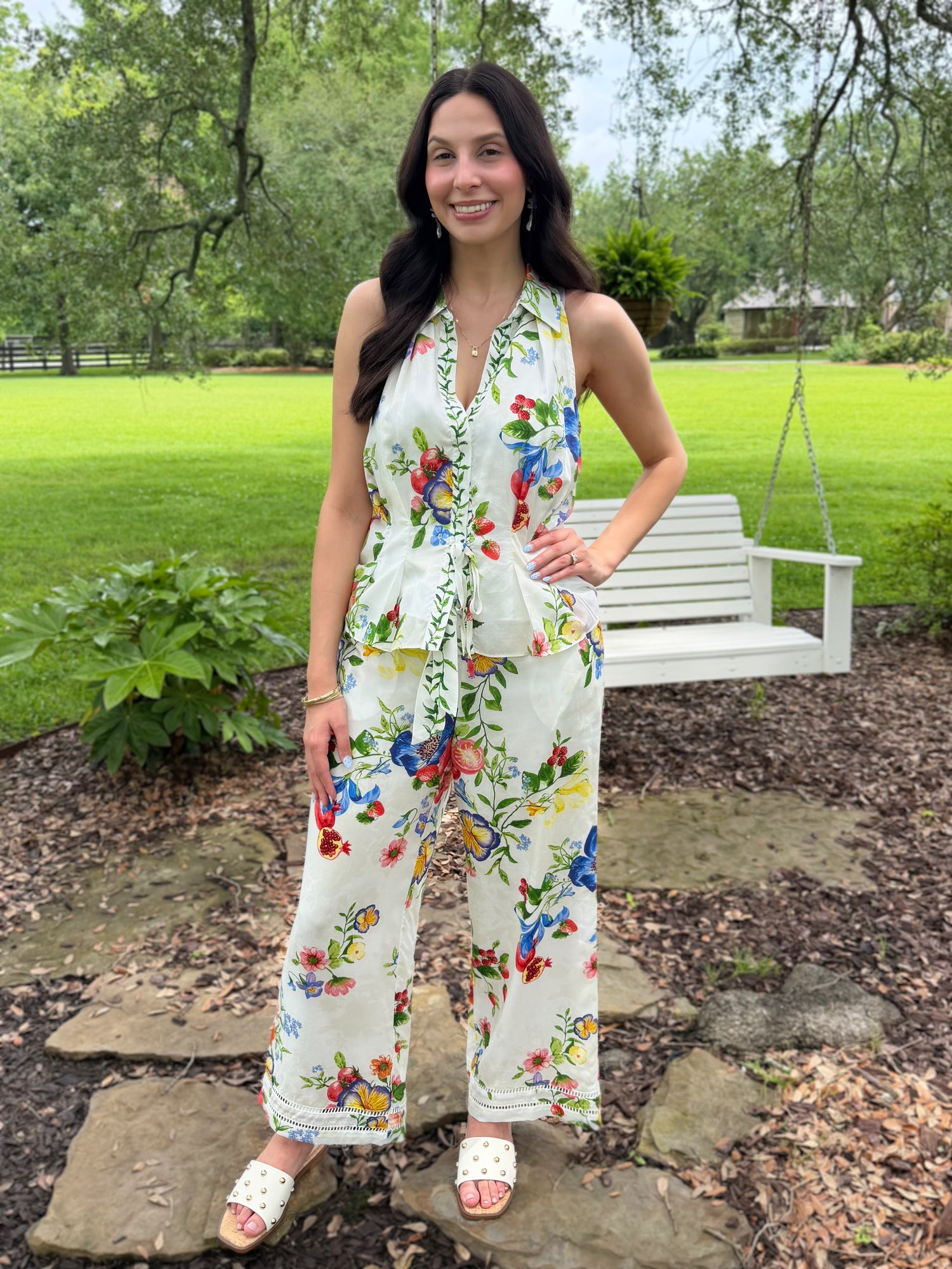 MULTI COLOR FLORAL PRINT WAIST TIE HIGH RISE FULL LENGTH WIDE LEG PANT