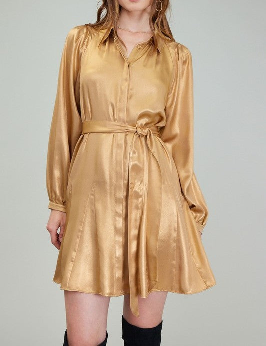 SHINY GOLD LONG SLEEVE GORE SKIRT MINI DRESS