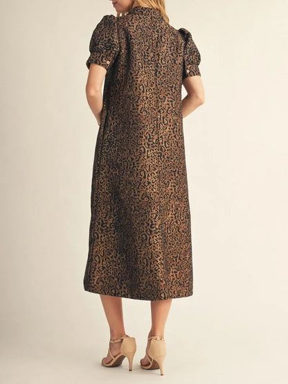 LEOPARD ANIMAL PRINT SHORT PUFF SLEEVE MIDI DRESS