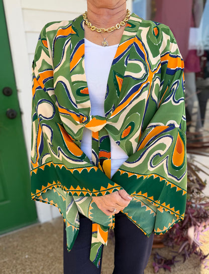 GREEN MULTI PRINTED V NECK FRONT TIE TOP