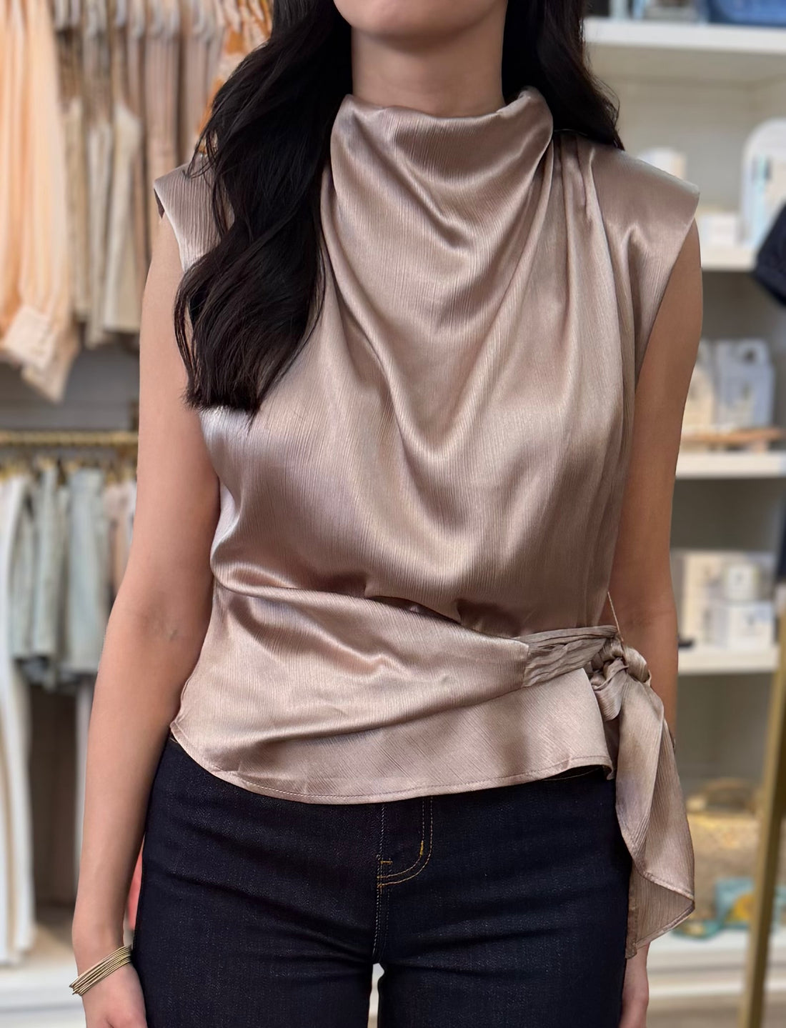 TAUPE SLEEVELESS SHOULDER PAD WAIST TIE TOP