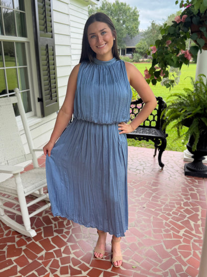SLATE PLEATED SLEEVELESS SOFT MIDI DRESS