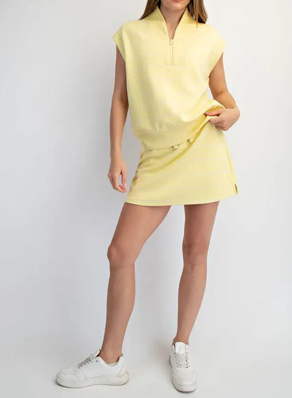 LEMON/CREAM MODAL SCUBA STRIPE QUARTER ZIP SLEEVELESS TOP
