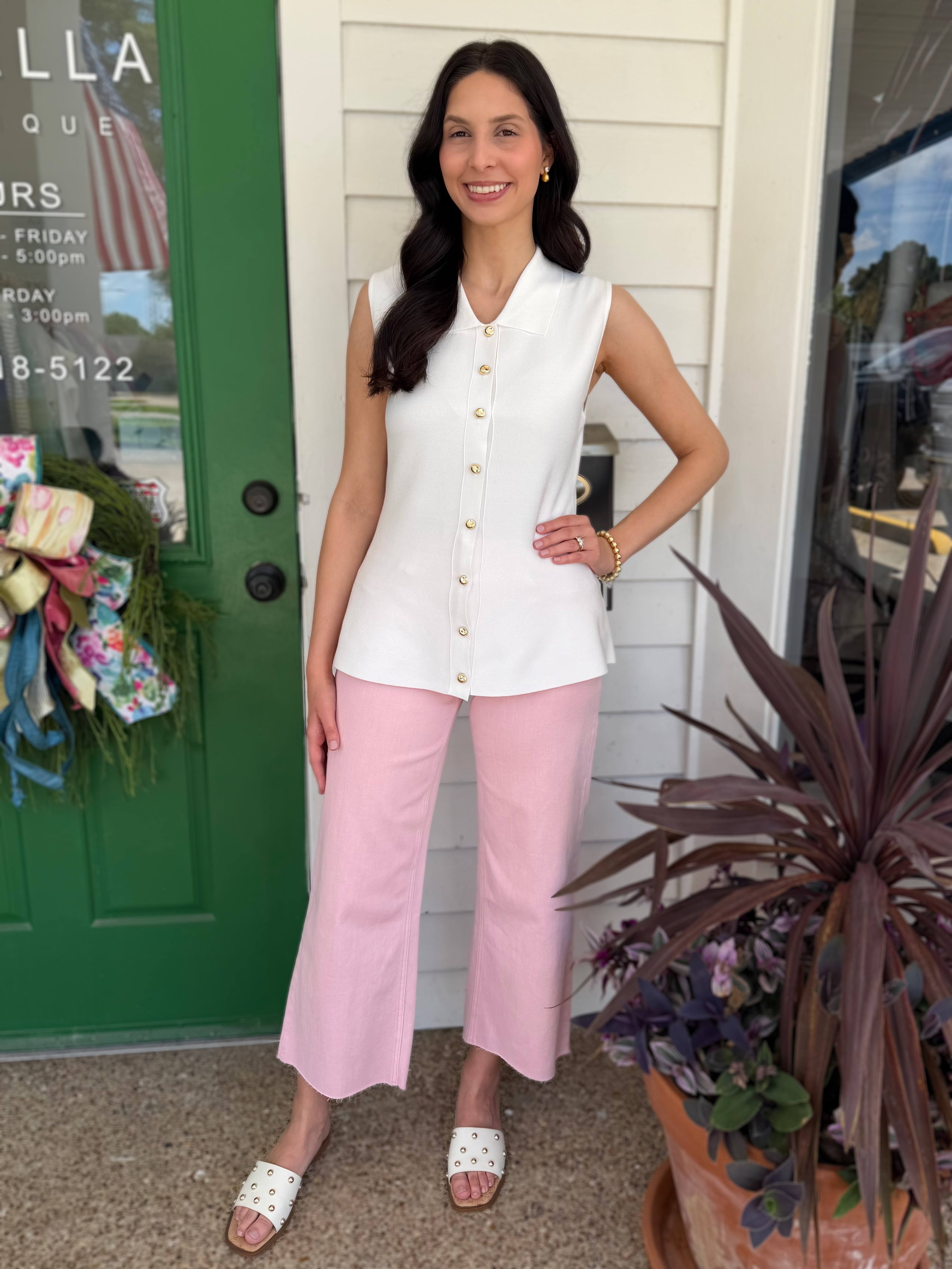 CREAM STRUCTURED BUTTON UP SLEEVELESS KNIT TOP