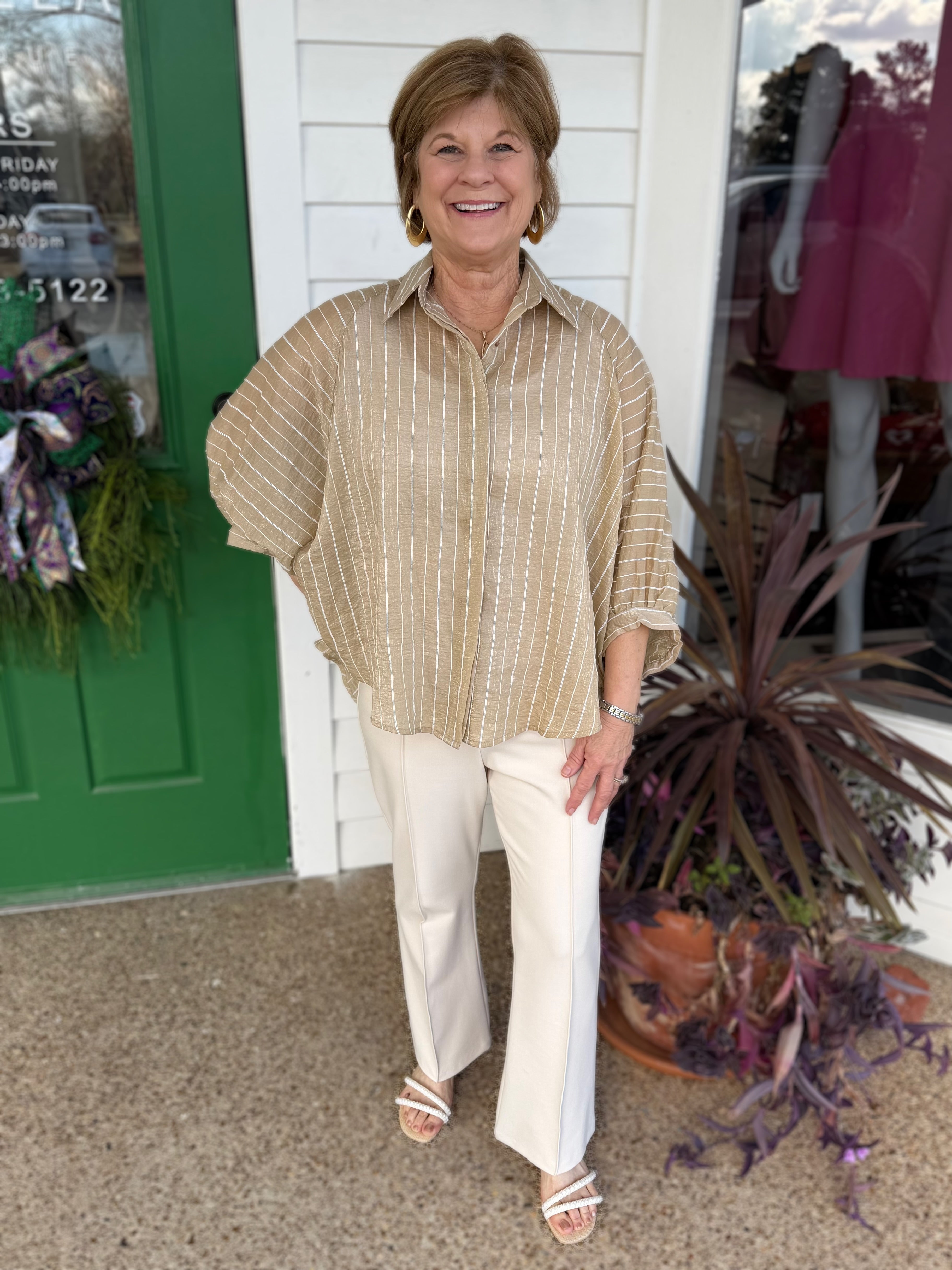 TAUPE STRIPE BUTTON UP BATWING SLEEVE TOP