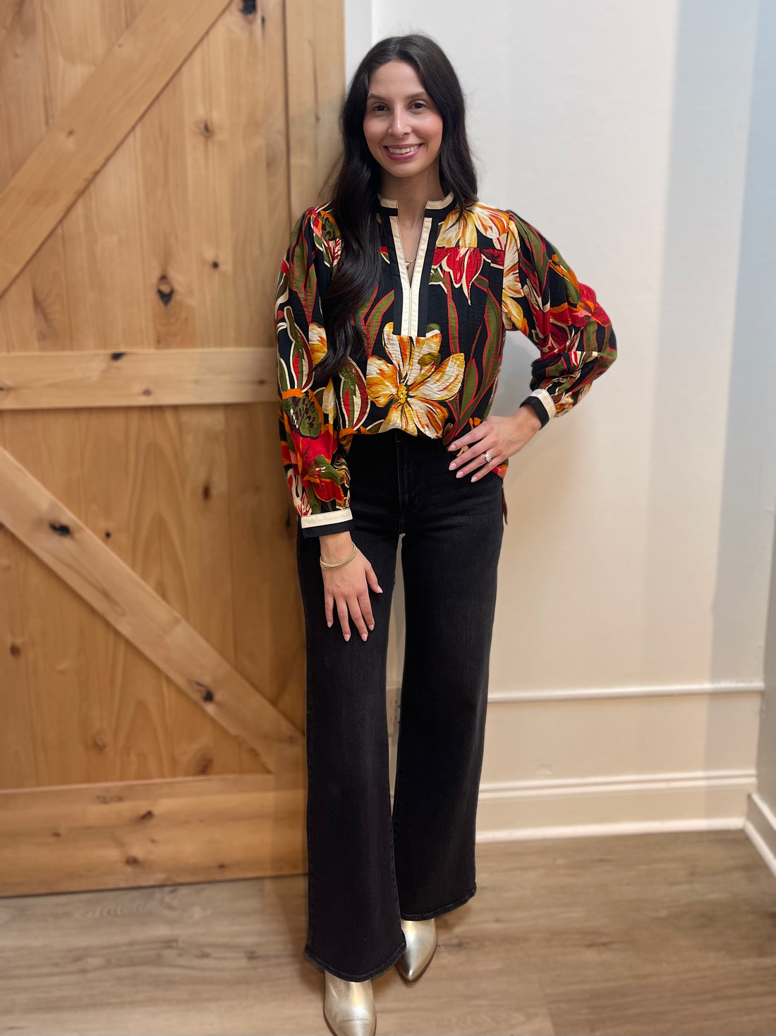 BLACK MIX FLORAL PRINT STANDING COLLAR LONG SLEEVE TOP