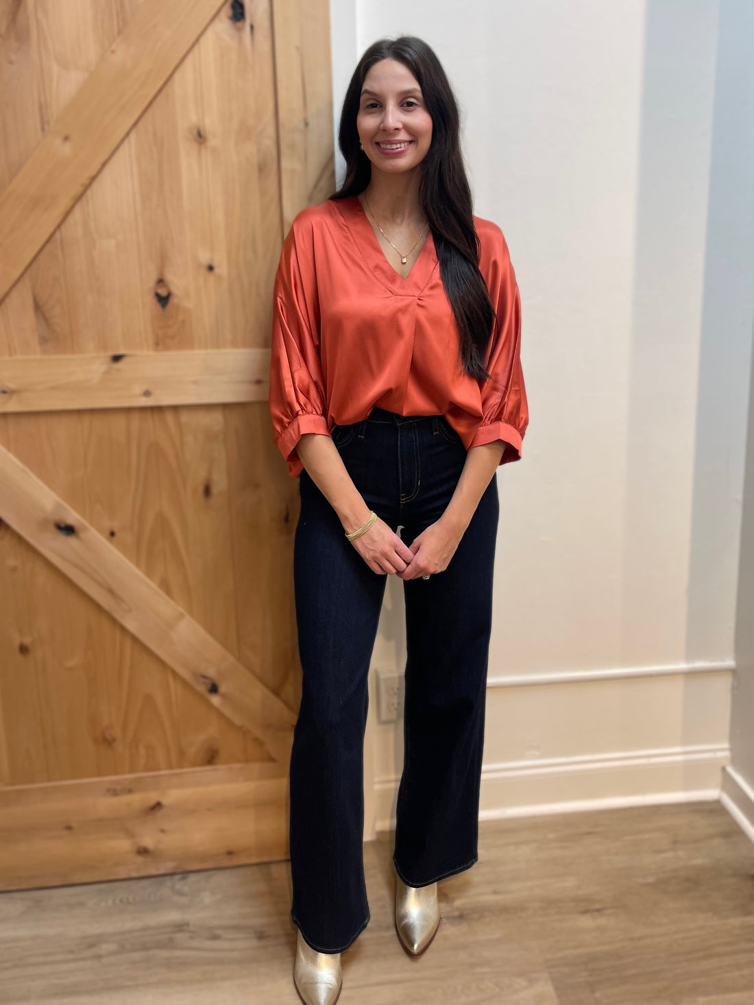 RUST SATIN V-NECK LOOSE FIT SHORT SLEEVE BLOUSE