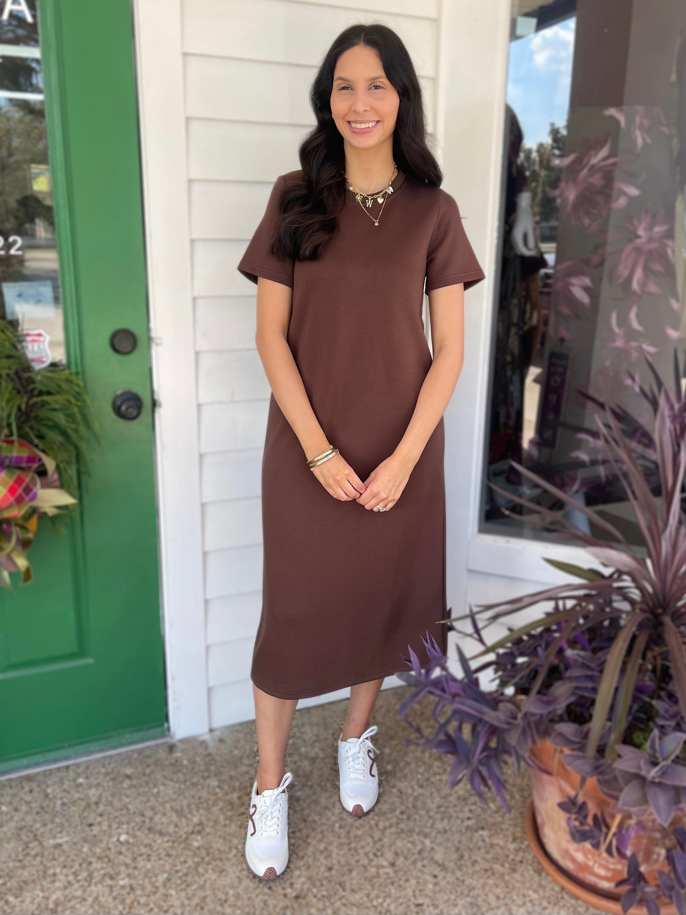 COCOA PCILL BUTTER MODAL SHORT SLEEVE CONTRAST RIB NECK MIDI DRESS