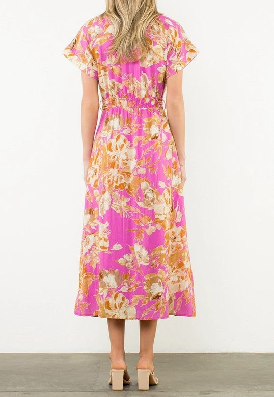 PINK FLORAL PRINT BUTTON UP SHORT SLEEVE MAXI DRESS