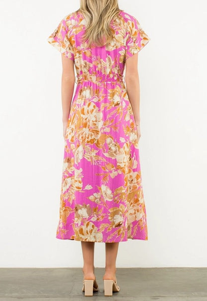 PINK FLORAL PRINT BUTTON UP SHORT SLEEVE MAXI DRESS