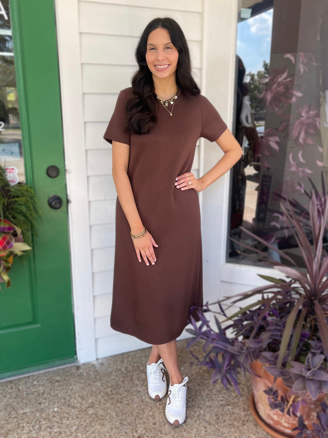 COCOA PCILL BUTTER MODAL SHORT SLEEVE CONTRAST RIB NECK MIDI DRESS